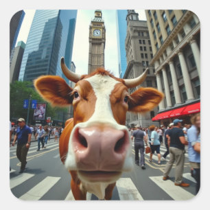 Pegatina Cuadrada Gracioso Selfie de vaca en una concurrida calle ur