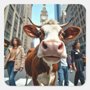 Pegatina Cuadrada Gracioso Selfie de vaca en una concurrida calle ur