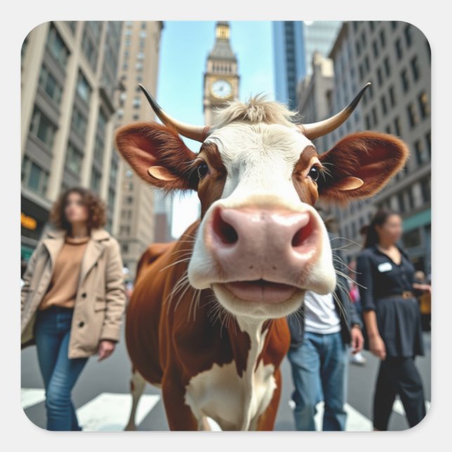 Pegatina Cuadrada Gracioso Selfie de vaca en una concurrida calle ur (Anverso)