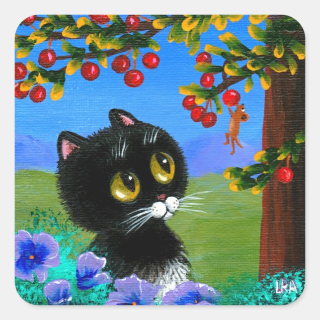 Pegatina Cuadrada Gracioso Tuxedo Cat Mouse Creationarts (Anverso)