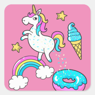 Pegatina Cuadrada Gracioso unicornio que sopla arcoiris sobre donut