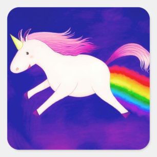 Pegatina Cuadrada Gracioso volando Unicornio en un arcoiris