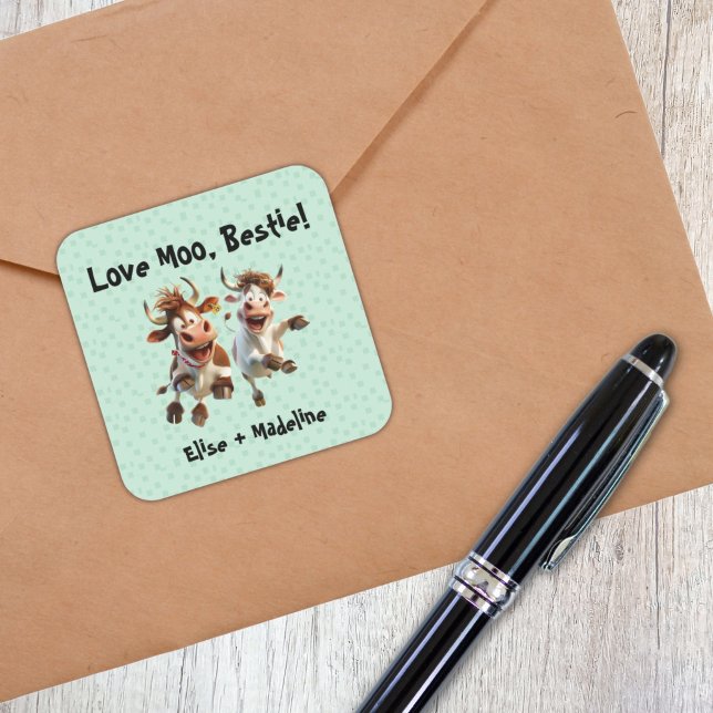 Pegatina Cuadrada Graciosos "Love Moo Bestie" Personalizados Mejores (Funny “Love Moo Bestie” Personalized Best Friends Sticker)