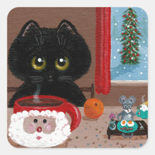 Pegatina Cuadrada Graciosos Navidades Cat Mouse Creationarts