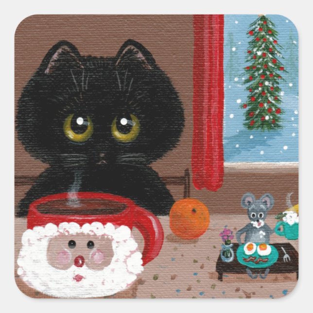 Pegatina Cuadrada Graciosos Navidades Cat Mouse Creationarts (Anverso)