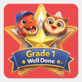 Pegatina Cuadrada Grade one well done with the owl and Rex achieveme
