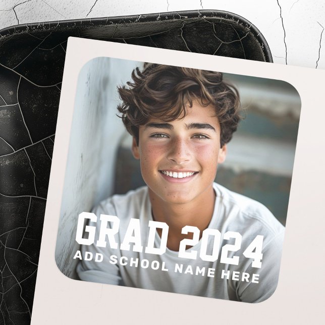 Pegatina Cuadrada Grado de fotografía de nombre de año o graduación  (Photo grad class of year name or school graduation square sticker)