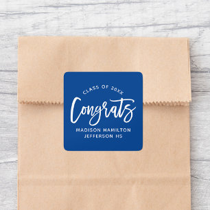 Pegatina Cuadrada Graduación azul en el guión moderno de felicitacio