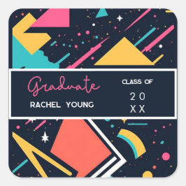 Pegatina Cuadrada Graduación azul y rosa de los años 80 retro colori