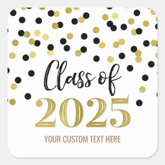 Pegatina Cuadrada Graduación de Confetti de oro negro 2025 (Anverso)