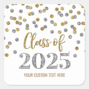 Pegatina Cuadrada Graduación de Confetti de oro plateado 2025