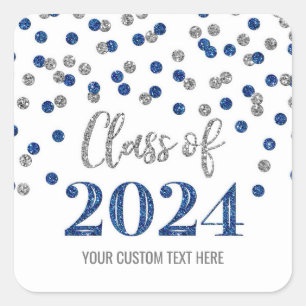 Pegatina Cuadrada Graduación de confetti de plata azul 2024