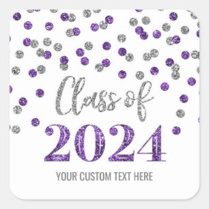 Pegatina Cuadrada Graduación de Confetti de Plata Morada 2024