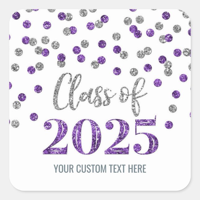 Pegatina Cuadrada Graduación de Confetti de Plata Morada 2025 (Anverso)