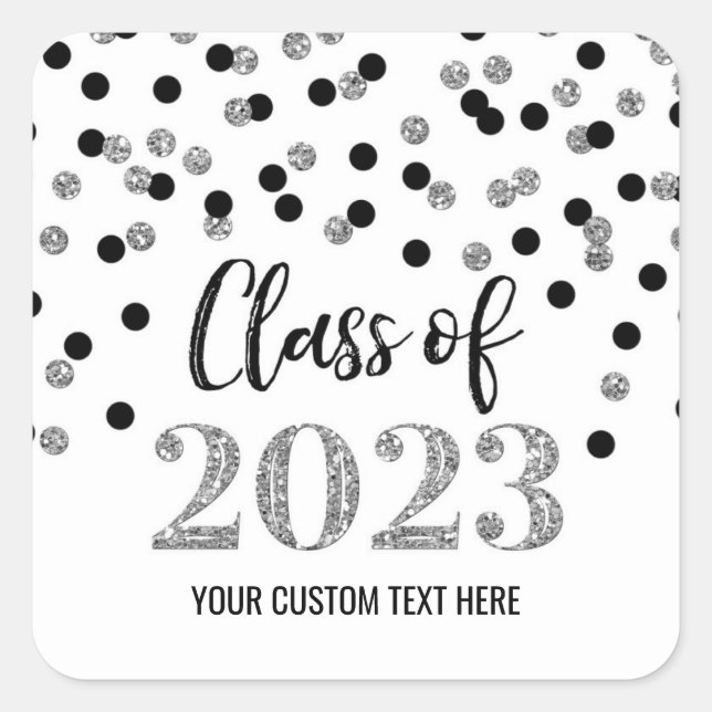 Pegatina Cuadrada Graduación de Confetti de plata negra 2023 (Anverso)