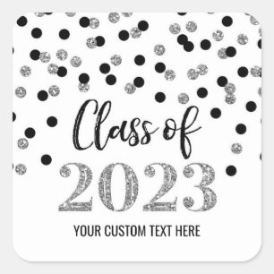 Pegatina Cuadrada Graduación de Confetti de plata negra 2023