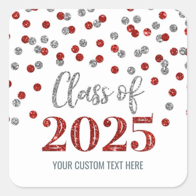 Pegatina Cuadrada Graduación de confetti de plata roja 2025 (Anverso)