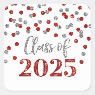 Pegatina Cuadrada Graduación de confetti de plata roja 2025