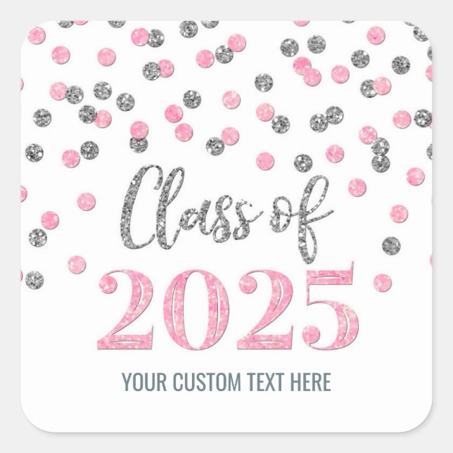 Pegatina Cuadrada Graduación de Confetti de plata rosa 2025 (Anverso)