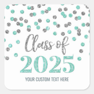 Pegatina Cuadrada Graduación de Confetti de plata turquesa 2025