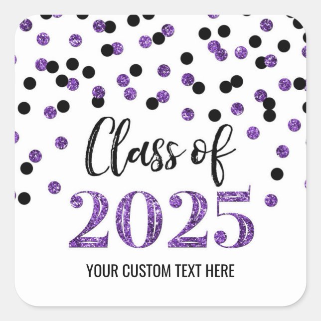 Pegatina Cuadrada Graduación de Confetti morado negro 2025 (Anverso)