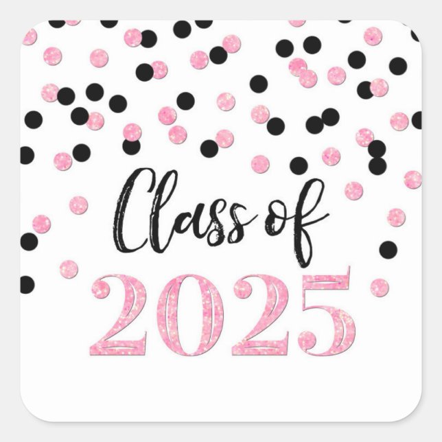 Pegatina Cuadrada Graduación de Confetti Negro Rosa 2025 (Anverso)