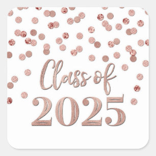 Pegatina Cuadrada Graduación de Confetti Rosa de oro 2025