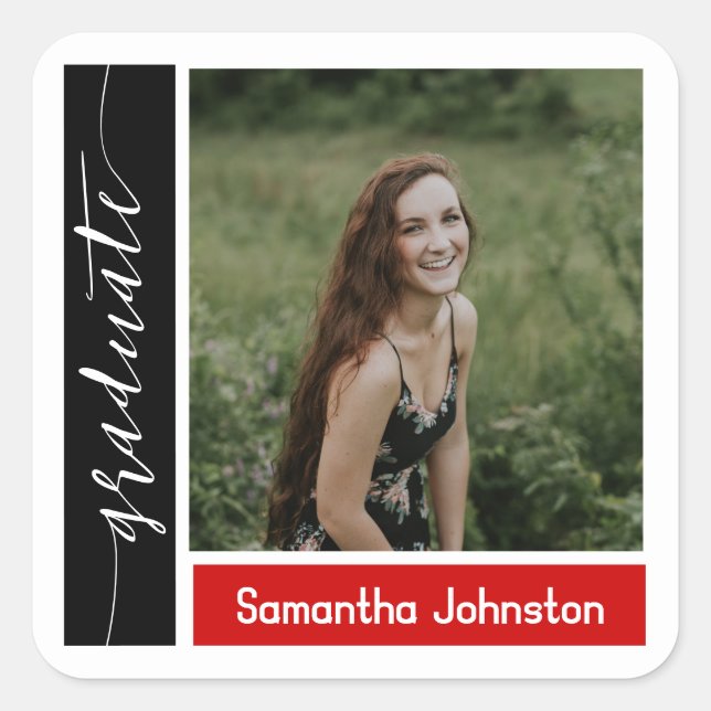 Pegatina Cuadrada Graduación de fotos en bloques rojos modernos (Anverso)