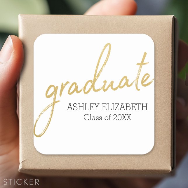 Pegatina Cuadrada Graduación de grado Gold Black Modern Graduate (Custom Sticker - Personalize with your info for a party favor or gift)