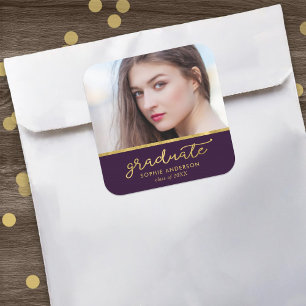Pegatina Cuadrada Graduación de Graduado de Foto Morado y Oro