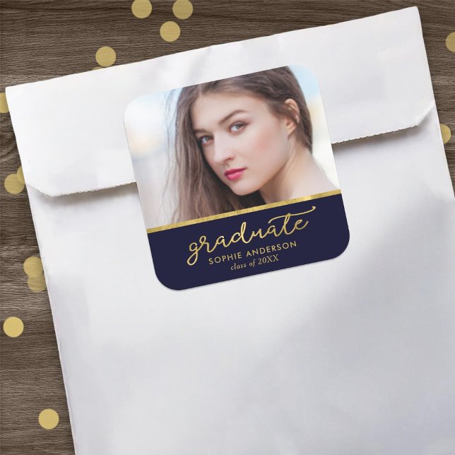 Pegatina Cuadrada Graduación de Graduado de Fotografía Azul y Oro (Subido por el creador)