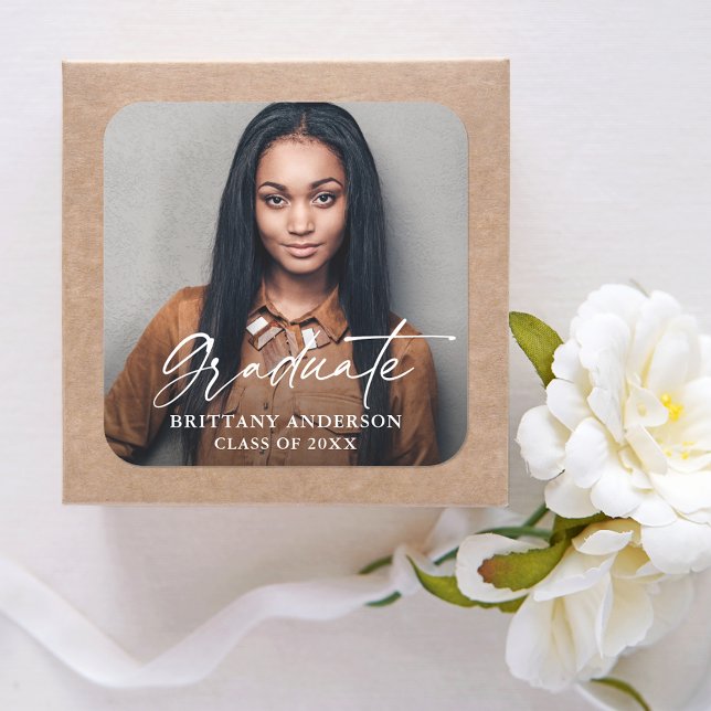 Pegatina Cuadrada Graduación de la fotografía en tinta de caligrafía (Customize to change your personalized text size or text style.)