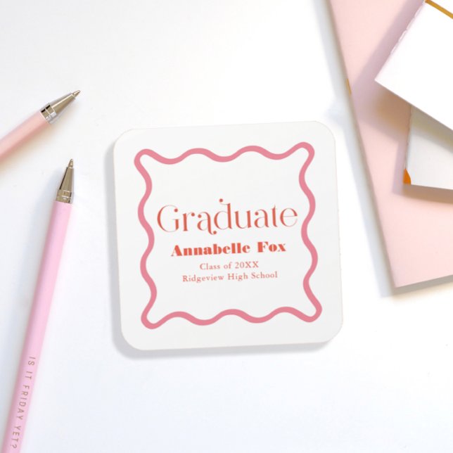 Pegatina Cuadrada Graduación de moda de marco ondulado rosa (Subido por el creador)