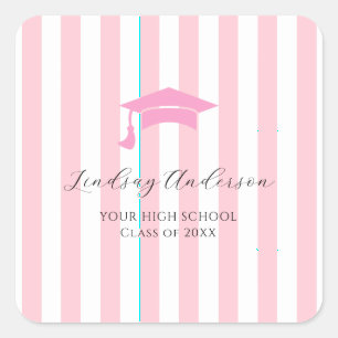 Pegatina Cuadrada Graduación de niñas rosa personalizada