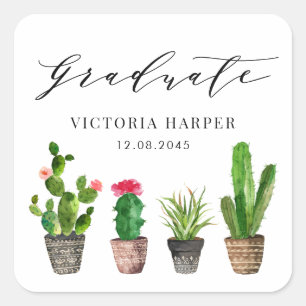 Pegatina Cuadrada Graduación de Suculentas y Cactus en Maceta Boho