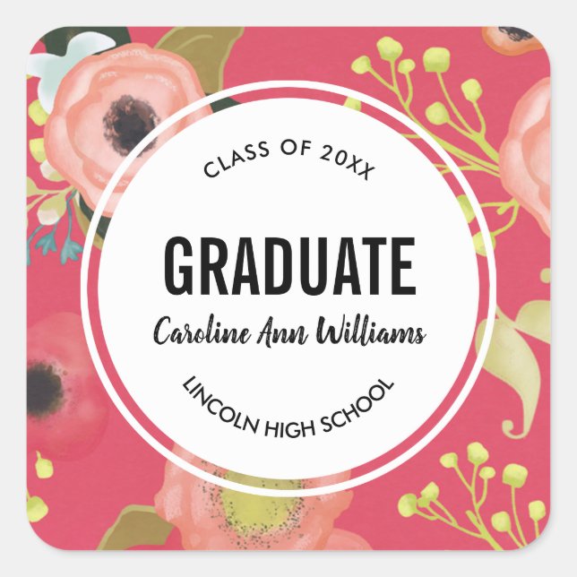 Pegatina Cuadrada Graduación del patrón floral moderno (Anverso)