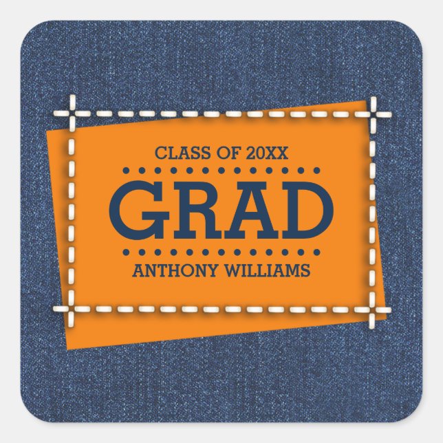 Pegatina Cuadrada Graduación del Personalizado del patrón de denim (Anverso)