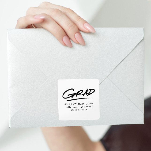 Pegatina Cuadrada Graduación en blanco y negro de grado moderno y di (Subido por el creador)