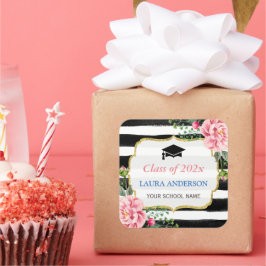 Pegatina Cuadrada Graduación Floral Black White Stripe