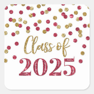 Pegatina Cuadrada Graduación Gold Burgundy Confetti 2025