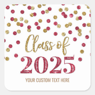 Pegatina Cuadrada Graduación Gold Burgundy Confetti 2025