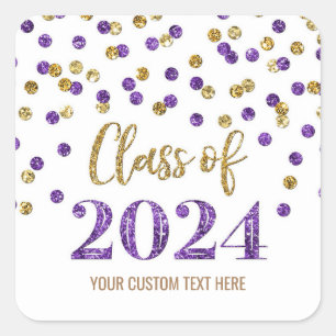 Pegatina Cuadrada Graduación Gold Purple Confetti 2024