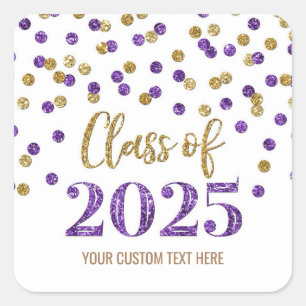 Pegatina Cuadrada Graduación Gold Purple Confetti 2025