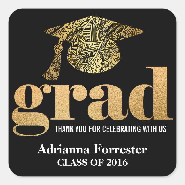 Pegatina Cuadrada Graduación Gorra Relieve metalizado dorado Faux Ti (Anverso)