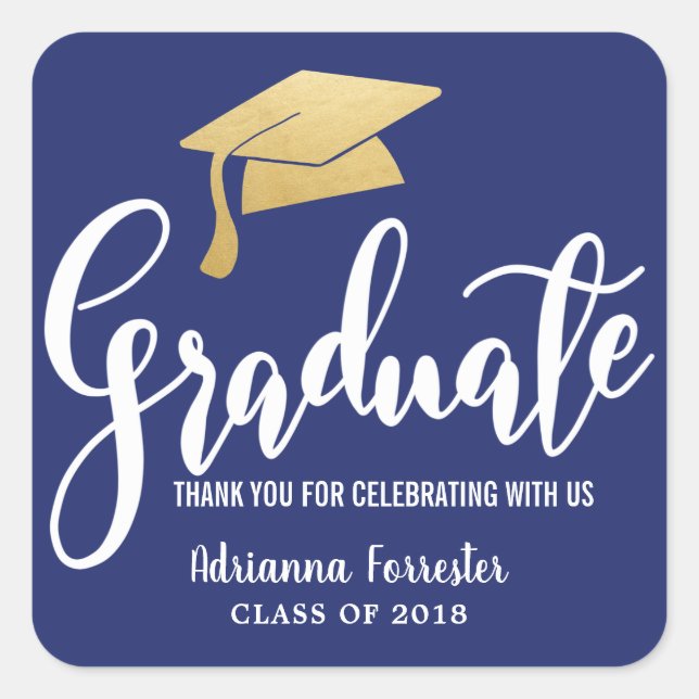 Pegatina Cuadrada Graduación Hat Faux Gold Foil Gracias Navy Blue (Anverso)