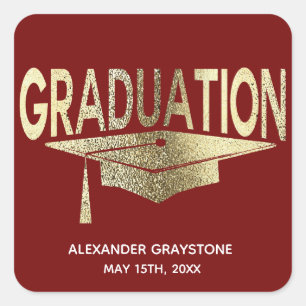 Pegatina Cuadrada Graduación Moderno Elegante Faux Gold Red