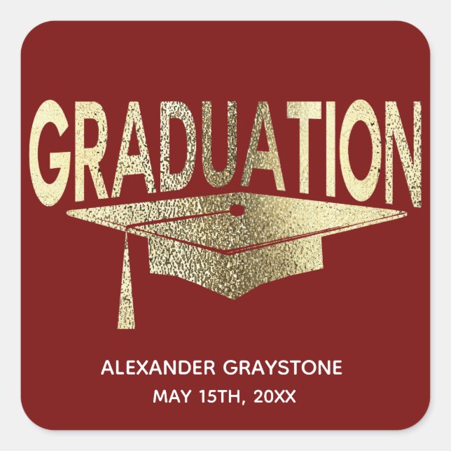 Pegatina Cuadrada Graduación Moderno Elegante Faux Gold Red (Anverso)