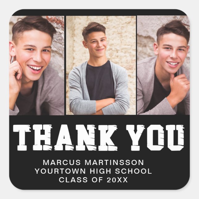 Pegatina Cuadrada Graduación Negra 3 Foto Gracias (Anverso)