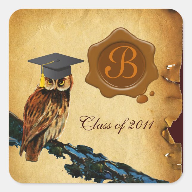 PEGATINA CUADRADA GRADUACIÓN OWL PARCHMENT BROWN WAX SEAL MONOGRAM (Anverso)