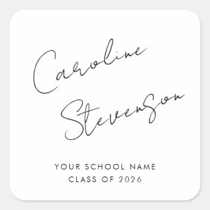 Pegatina Cuadrada Graduación Personalizada con Letra Moderna Negra y